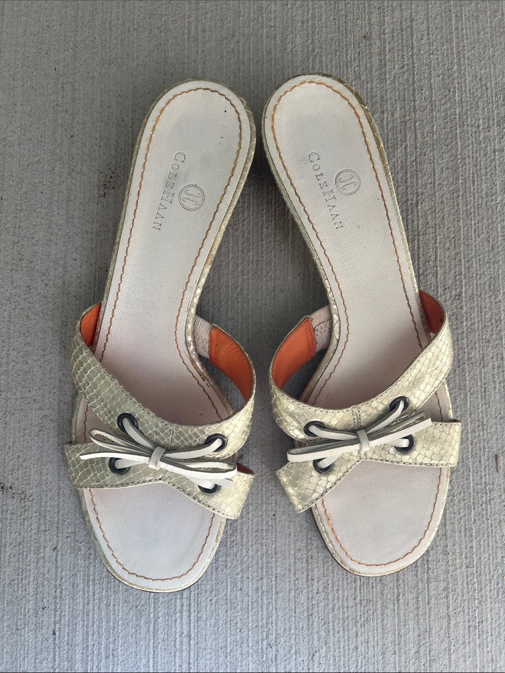 Cole Haan Pale Gold Metallic and Cream Textured Leather Slide Mules with Bows 9